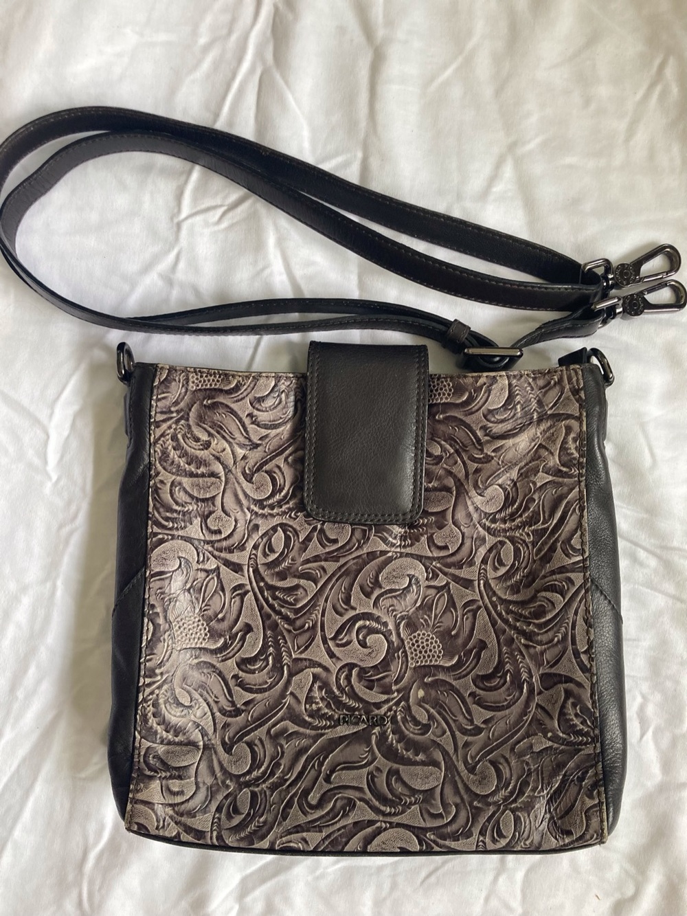 PICARD Vintage 1990’s Germany, Gray/Brown Tooled Leather Shoulder/Crossbody Bag